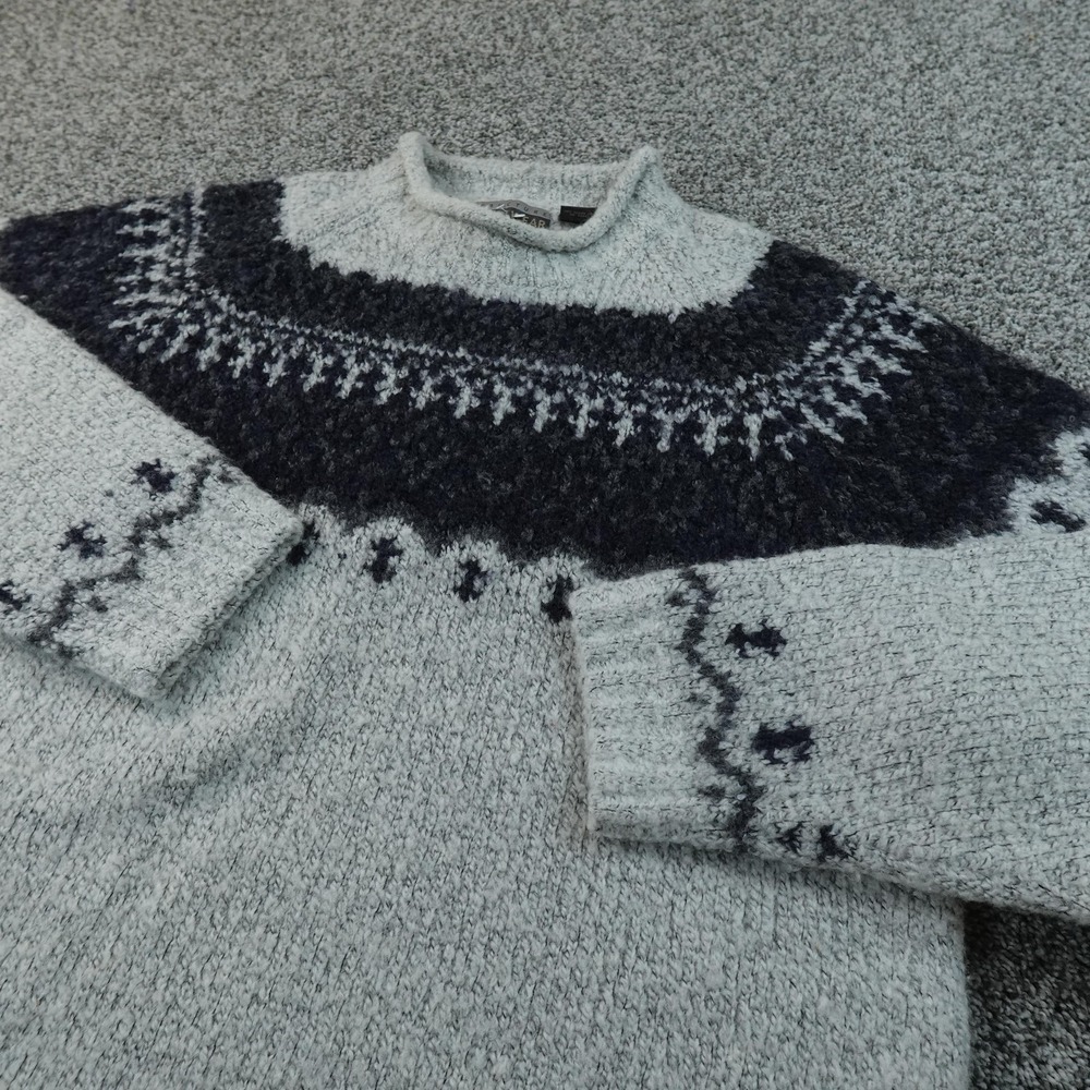 VTG Roll Neck Sweater Mens L Gray Nordic Fair Isle Mock Neck Knit Pullover Cozy